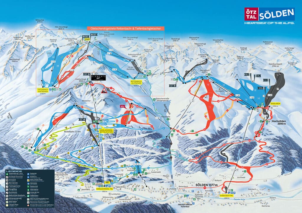 Übersichtskarte des Skigebiets Sölden für den Winter 2026/27